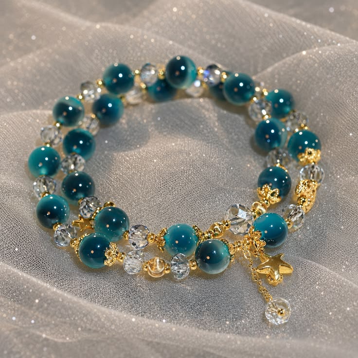 Teal Blue Crystal Beaded Bracelet with Golden Charms